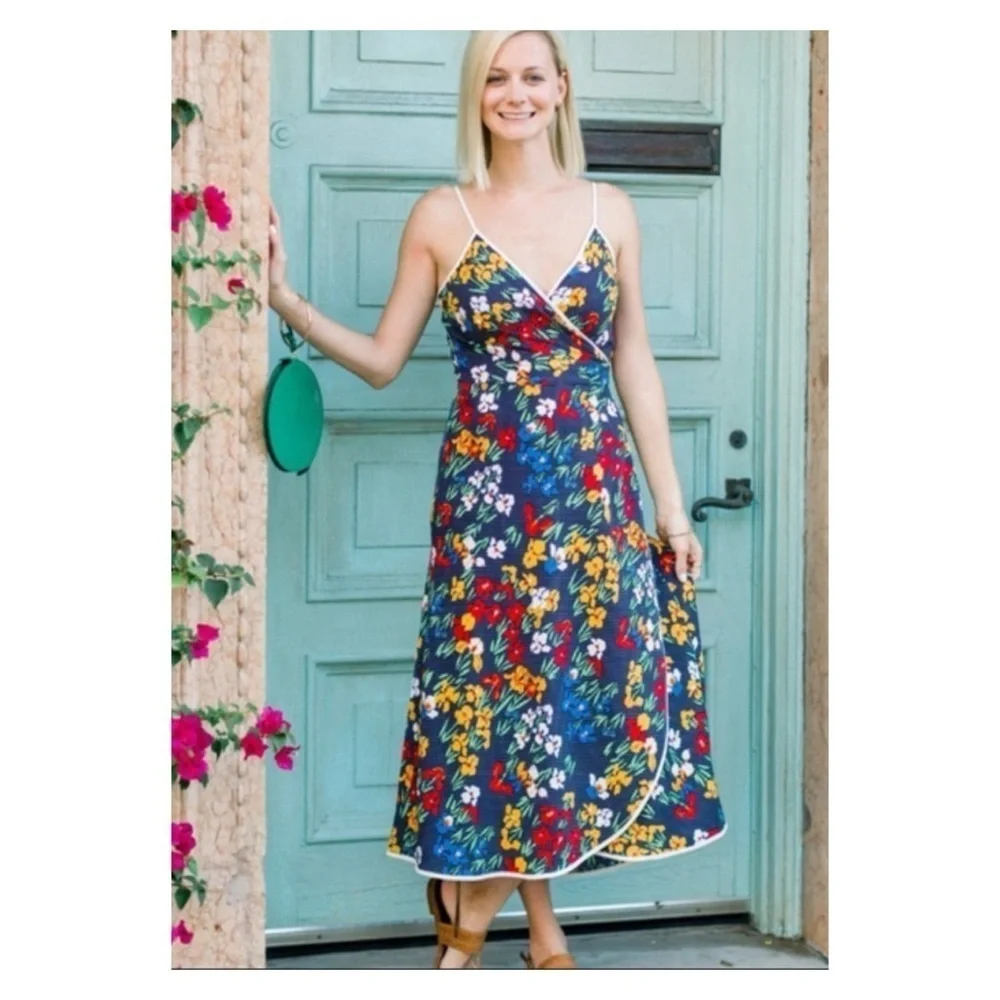 TORY BURCH Navy Blue Floral Grotto Midi Wrap Dress Size 8
